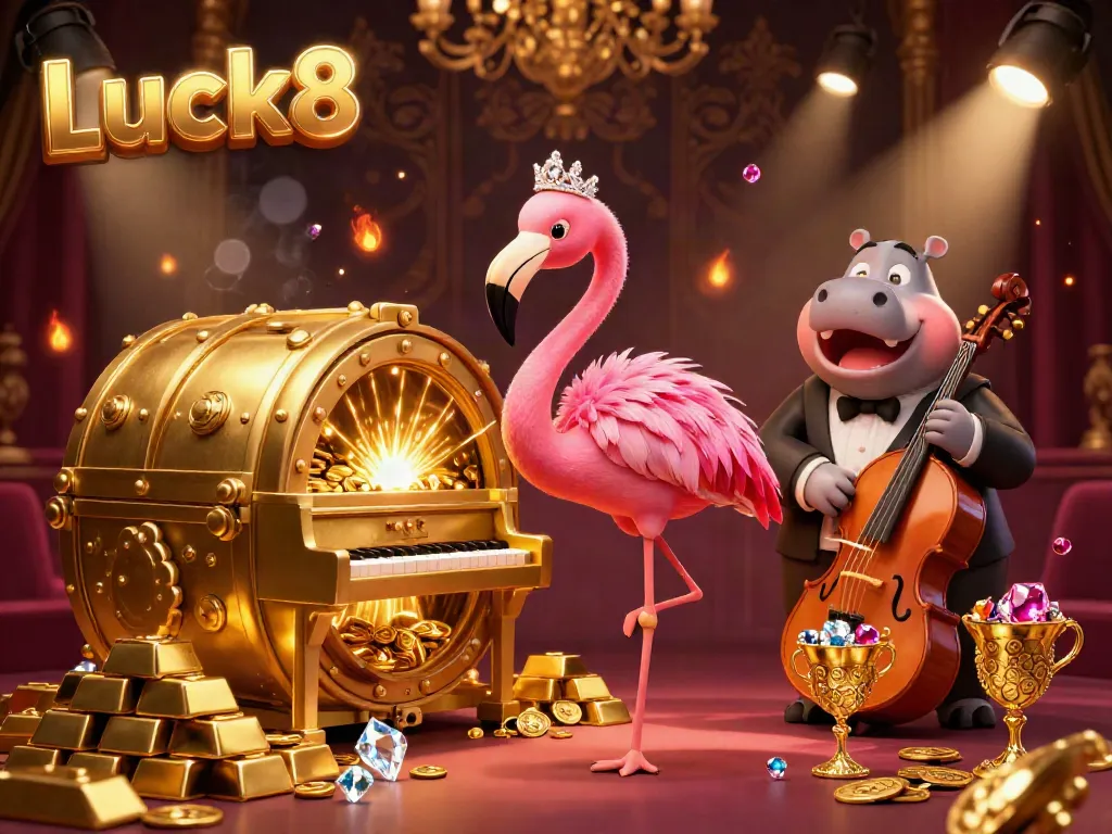 Experience the vibrant casino energy of Luck8 with a flamboyant flamingo singer and hippo bassist in 3D illustration.