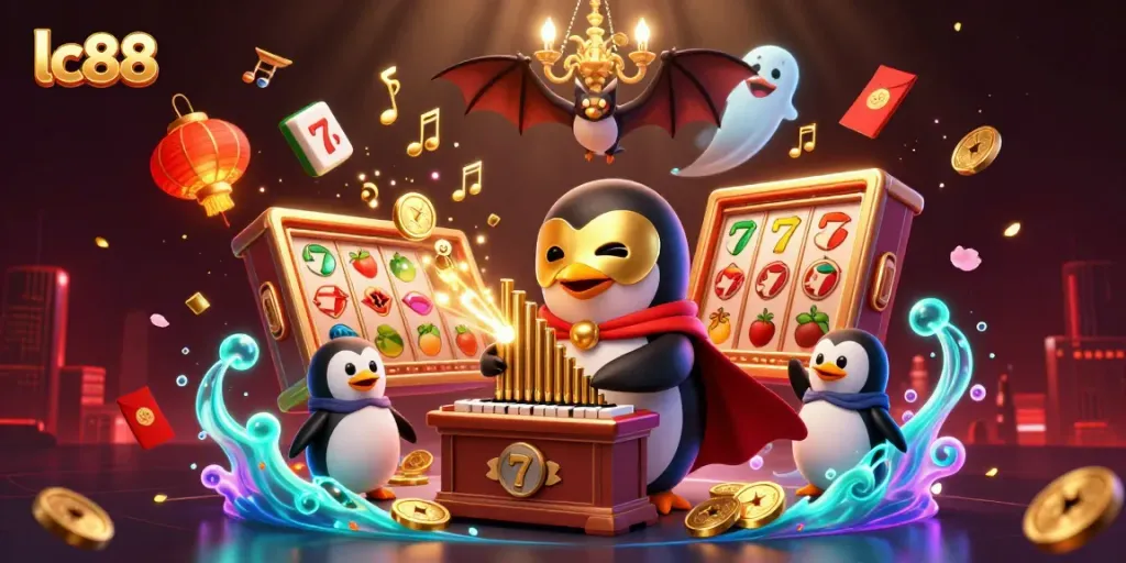 Experience the excitement of lc88 with a vibrant 3D illustration showcasing a casino theme featuring a mask-wearing penguin and dynamic game elements.