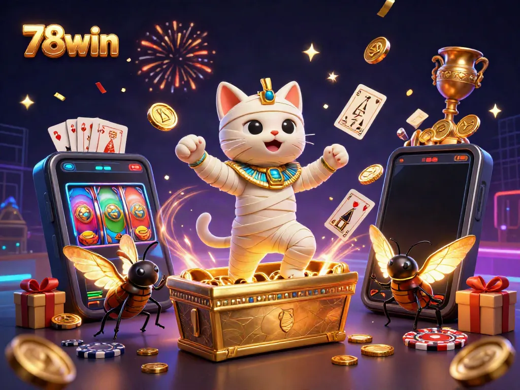 Experience the excitement of 78win with a cartoon mummy cat revealing treasures in a pyramid casino scene.