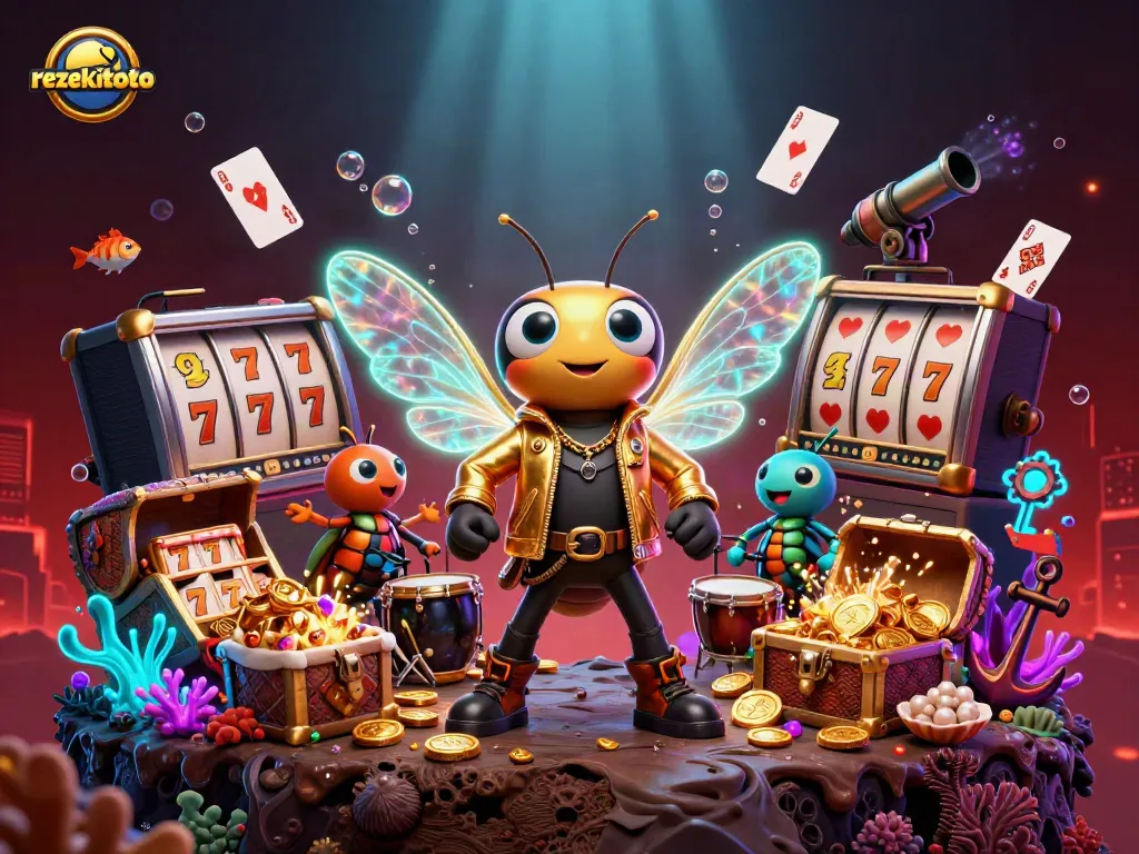 Experience rezekitoto's dynamic gaming scene with a vivid illustration of casino-themed characters and elements.
