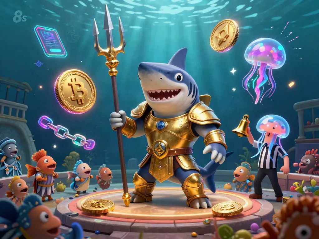 Immerse yourself in the 8s underwater casino battle with a shark gladiator and cheering fish