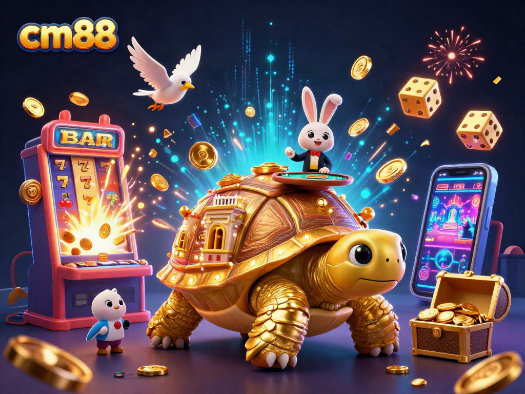 Experience casino excitement with cm88 featuring a golden tortoise, a rabbit dealer, and a jackpot explosion.
