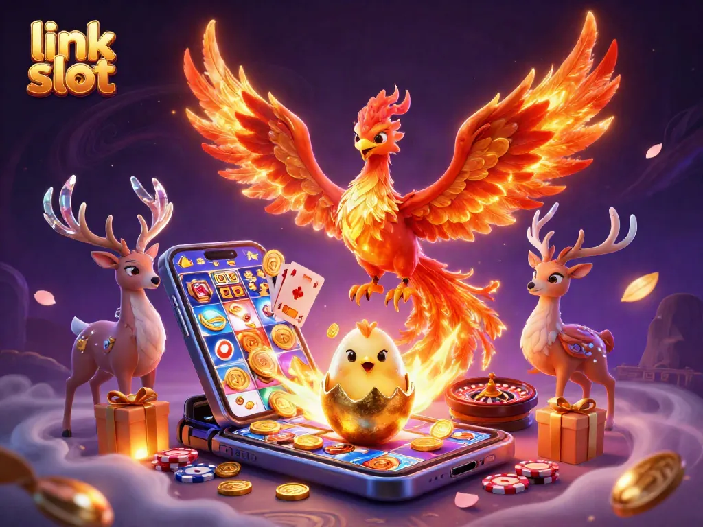Spin the reels of link slot games as the phoenix rises, surrounded by dynamic casino elements.