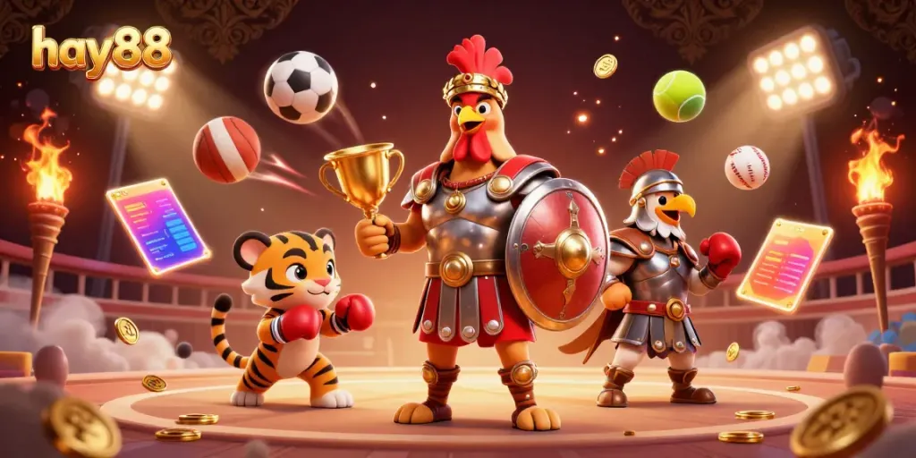 Experience the excitement of hay88 with a vibrant casino scene featuring action-packed sports betting elements.