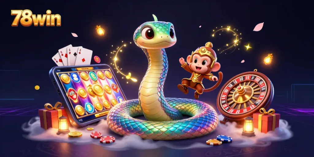 Experience thrilling wins at 78win with enchanting gambling elements featuring a colorful serpent and magical surroundings.