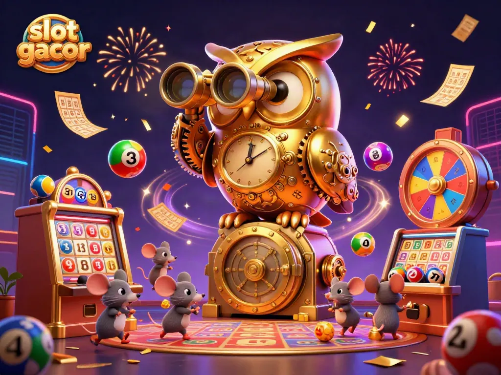 Experience the thrill of slot gacor with lively 3D characters and dynamic casino elements in a vibrant illustration.