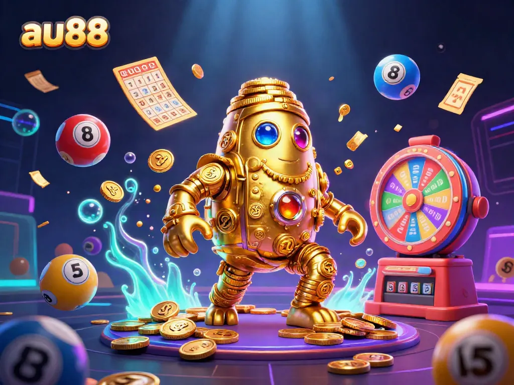 Experience the thrill of winning at au88 with dynamic lottery elements and a golden golem character.