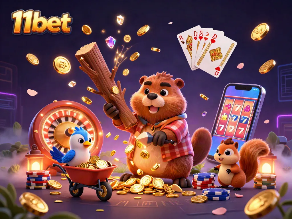 Join the fun at 11bet with a lively scene of cartoon characters enjoying casino games, featuring gold coins and slots.
