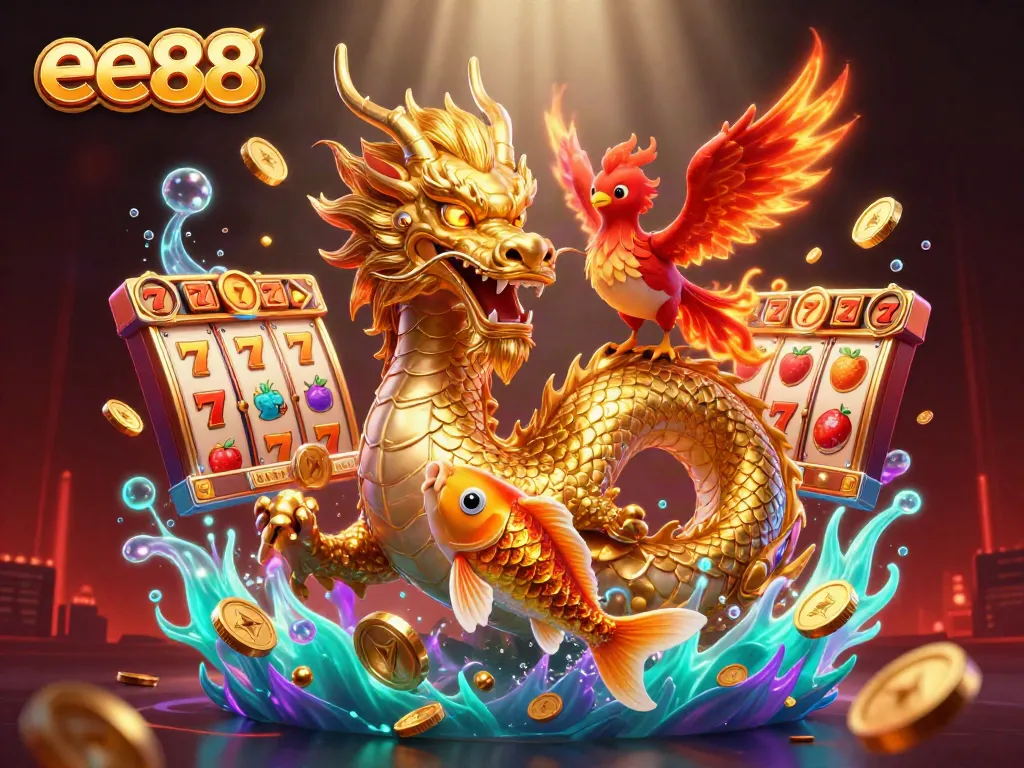 Win big with exciting slots at ee88 featuring a golden dragon, phoenix, and koi fish.