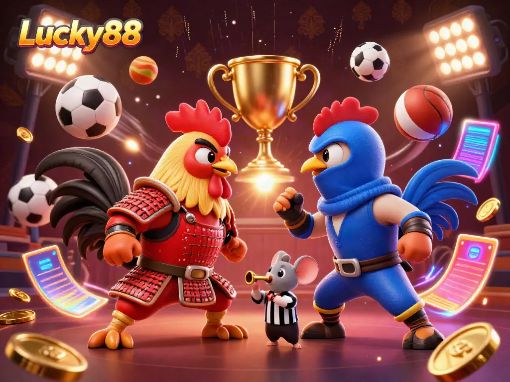 Experience thrilling gameplay at Lucky88 with dynamic action featuring cartoon fighting roosters in a colorful casino setting.