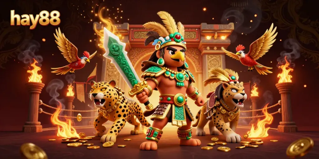 Experience the excitement of hay88 with a dynamic 3D illustration of Aztec warriors surrounded by casino elements.