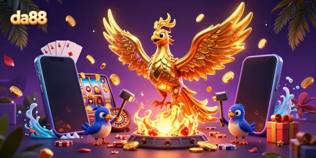 Experience da88's thrilling gaming action with dynamic golden phoenix and casino elements.