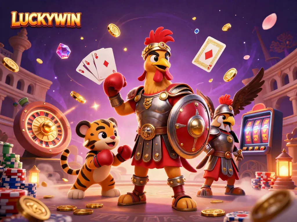 LUCKYWIN showcases an intense scene with a gladiator rooster, tiger cub, and eagle in a colorful casino setting.