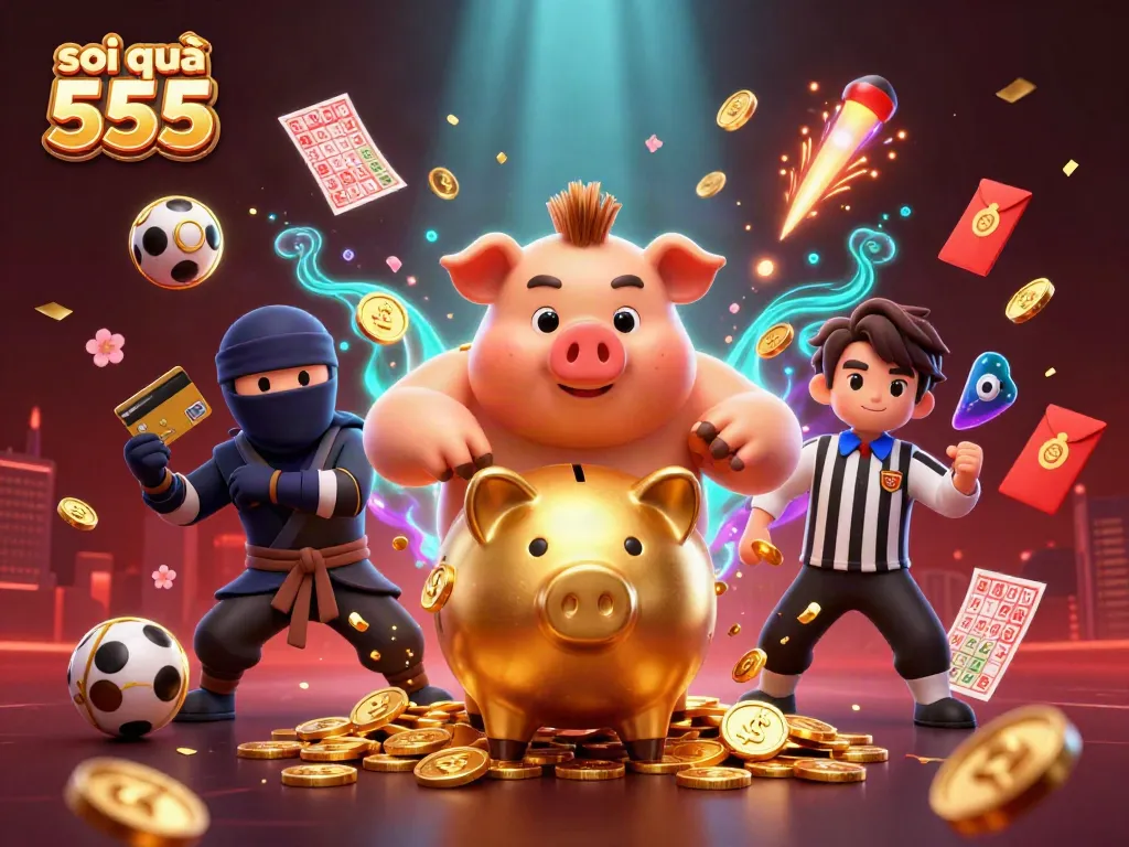 Capture the excitement of lottery games with "soi cầu 555" featuring vibrant characters and festive elements.