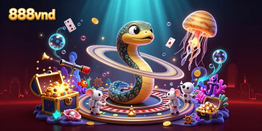 Experience the excitement of 888vnd with cosmic gamblers and vibrant casino elements in a thrilling scene.