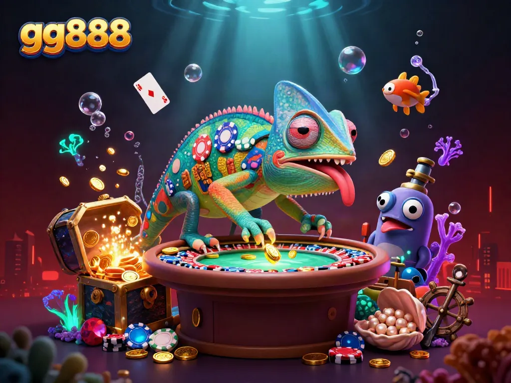 Experience exciting wins at gg888 with vibrant 3D chameleon casino art showcasing thrilling games.