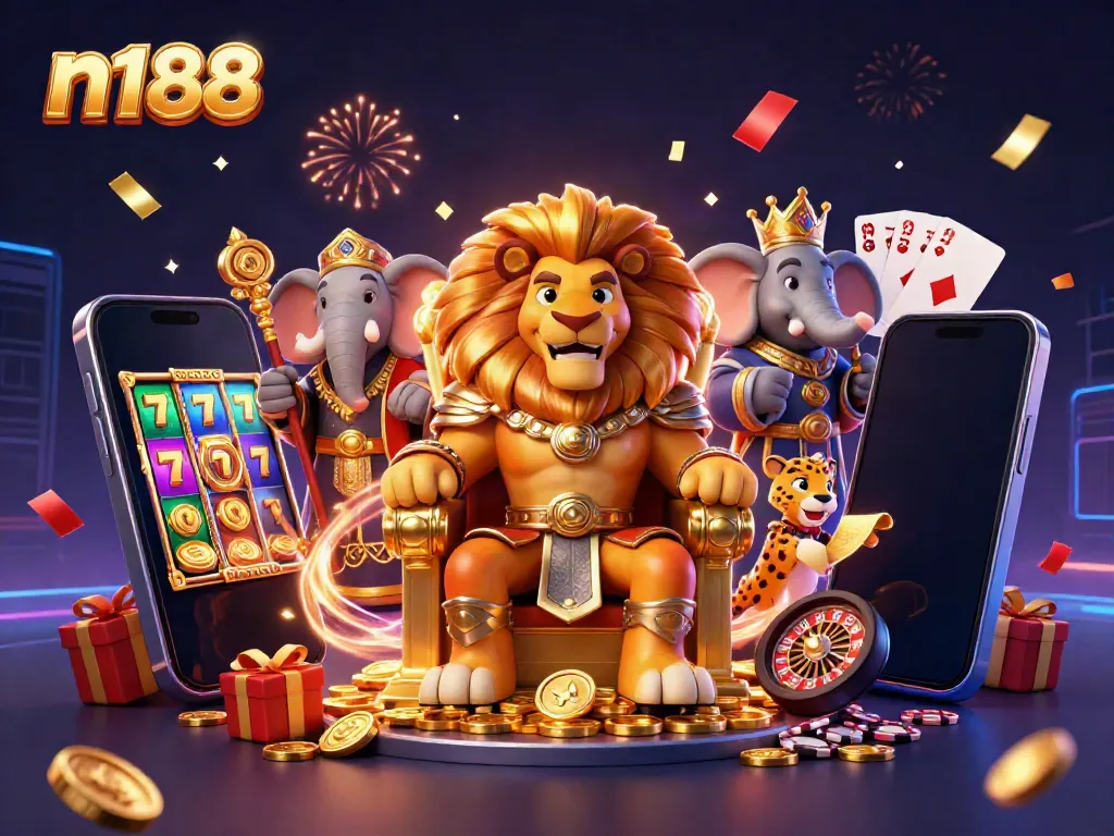 Experience thrilling n188 online gaming with a regal lion, wise elephant, and swift cheetah in a vibrant casino scene.