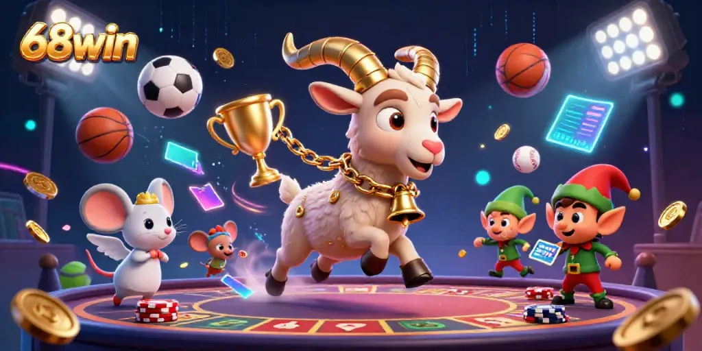 Engage in thrilling gameplay at 68win's casino featuring lively Krampus, angelic mouse, and mischievous elf elements.