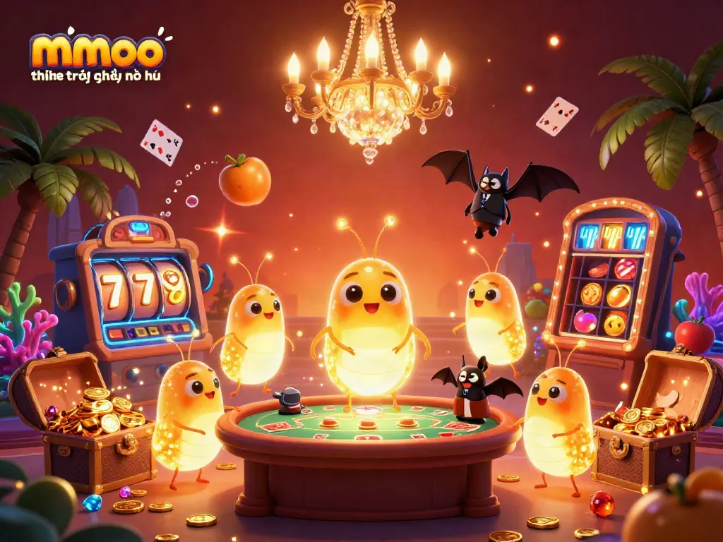 Engaging casino scene featuring mmoo thiện trò chơi nổ hũ with glowworms, slot reels, and colorful gems.
