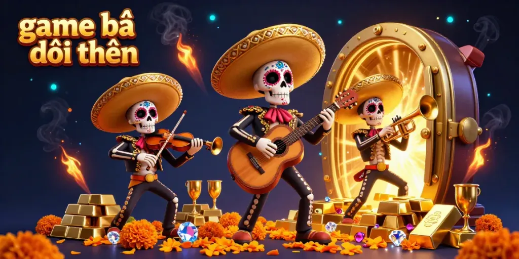 Engaging scene of a mariachi band celebrating game bài đổi thưởng with treasure elements and dynamic energy.