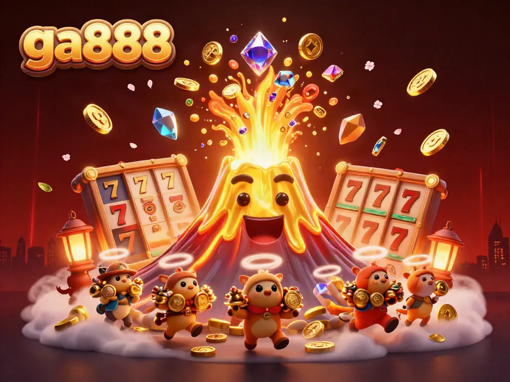 Engage with the thrilling world of ga888 as a golden volcano erupts with treasures amidst dynamic casino elements.