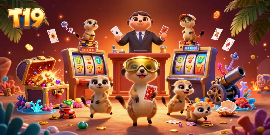 Experience the vibrant casino world of T19 with cartoon meerkats engaging in thrilling gaming action amidst gold and gems.