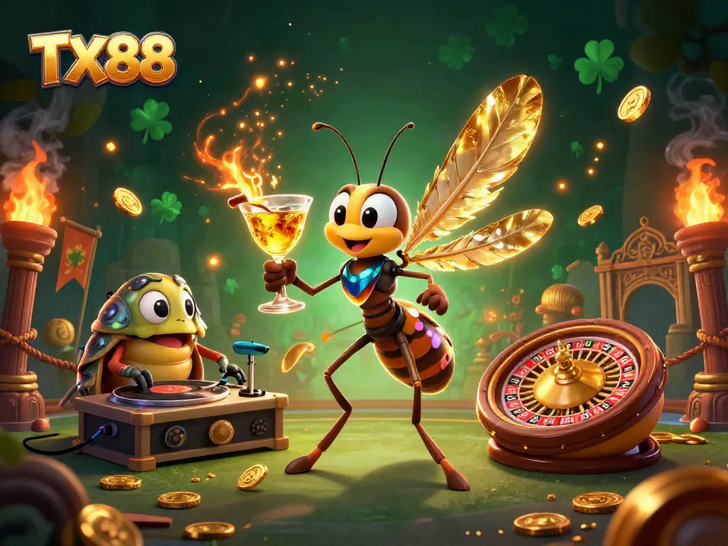 TX88 casino illustration showcasing a frozen mosquito mascot, trilobite DJ, and roulette wheel filled with gold coins.