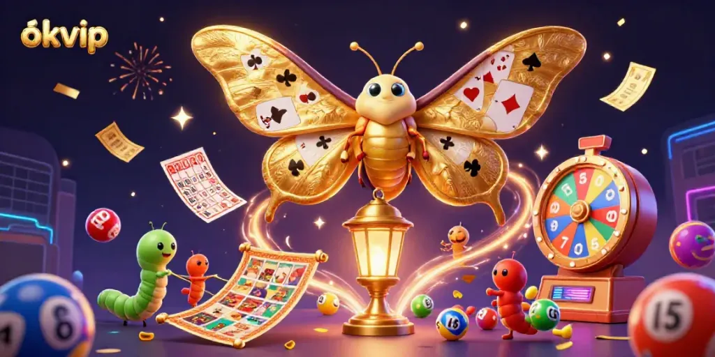 Engage with excitement at okvip casino featuring vibrant lottery elements and a majestic moth.