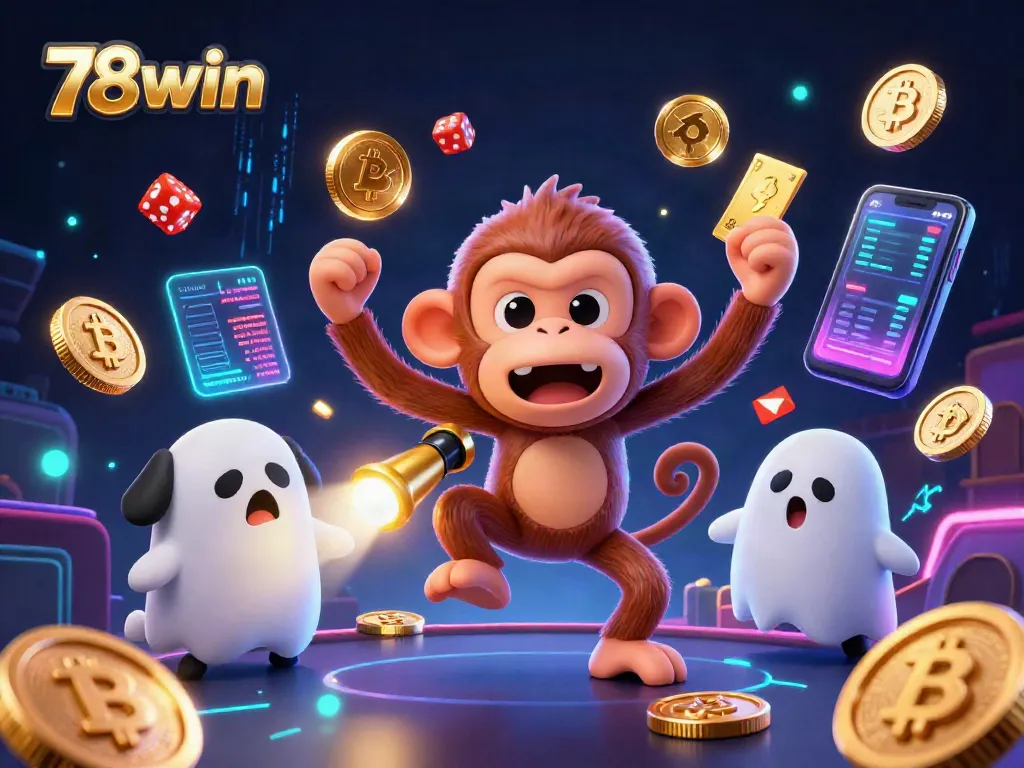 Engage with the thrilling world of 78win, featuring a playful ghost-hunter puppy and a mischievous monkey in a haunted casino setting.
