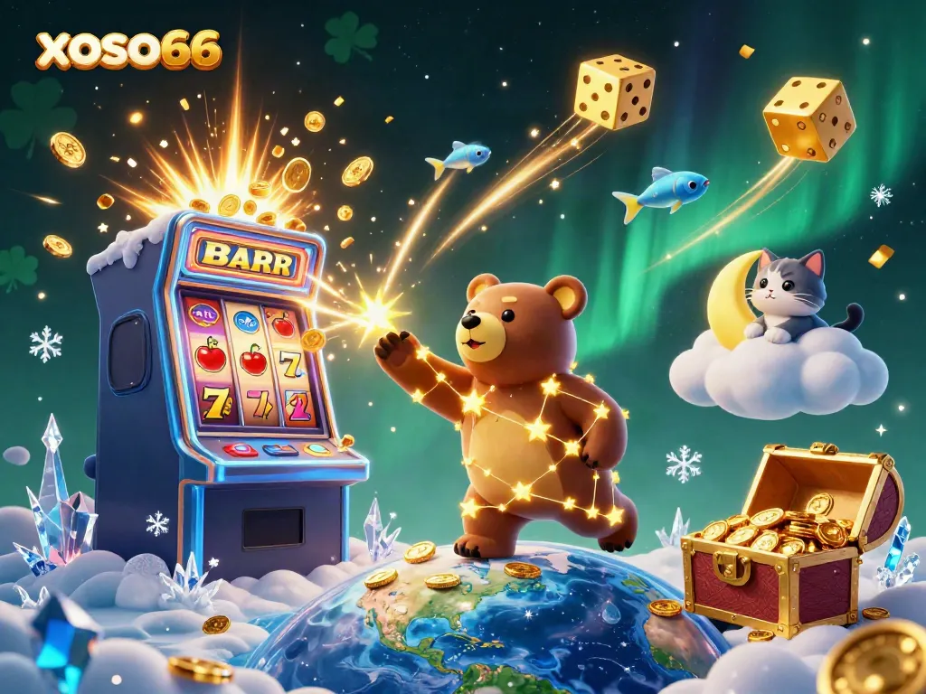 Engage with xoso66 as a constellation bear scoops coins, surrounded by vibrant casino elements and lucky symbols.