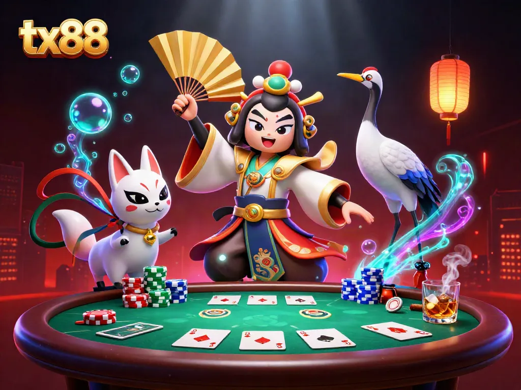 Engage in vibrant gameplay at tx88 with a kabuki warrior and poker elements in a vivid casino scene.
