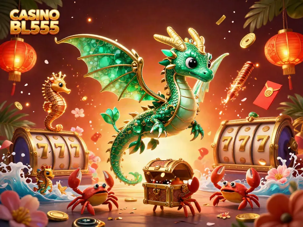 Immerse in the exciting world of CASINO BL555 with a vibrant 3D illustration showcasing a dragon amidst slots and gold treasures.