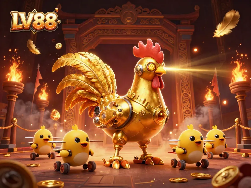 Engage with the dynamic LV88 casino experience featuring a golden rooster robot and baby chick drones.