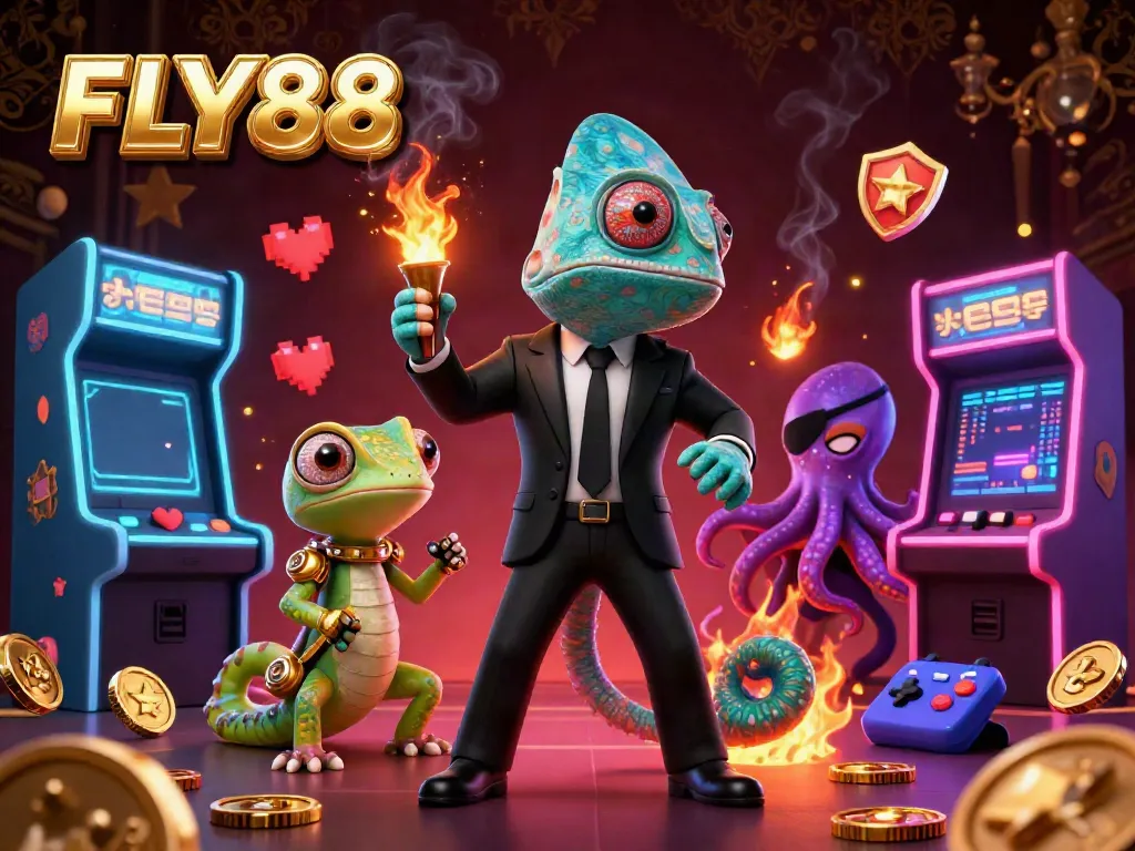 Interact with FLY88's vibrant casino scene showcasing a blend of characters and game elements.