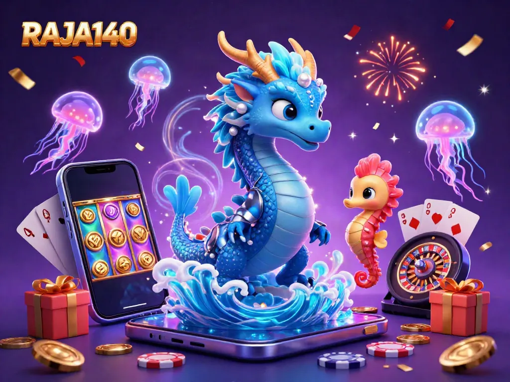 Engage in immersive gaming with RAJA140, featuring a vibrant fantasy scene with a water dragon and slot game elements.