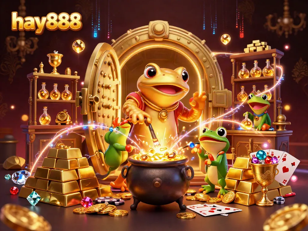 Experience high-stakes gaming with hay888 in a vibrant 3D casino illustration showcasing dynamic gameplay.