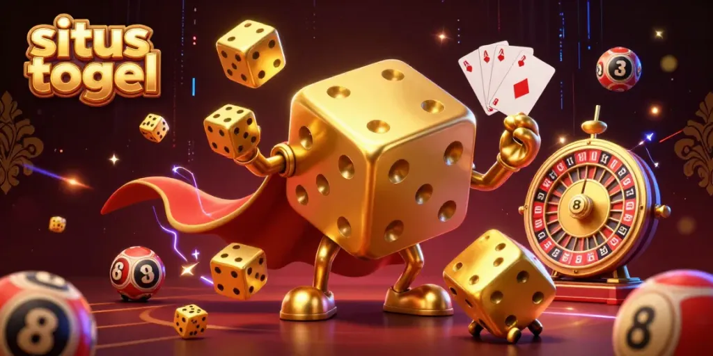 Experience the thrill of situs togel with a vibrant 3D illustration of a joyful dice golem juggling numbers.