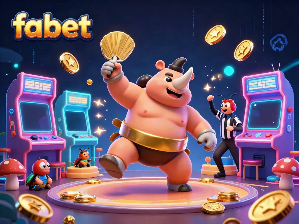 Experience the excitement of fabet with a dynamic casino scene featuring a 3D beetle sumo champion and golden coins.