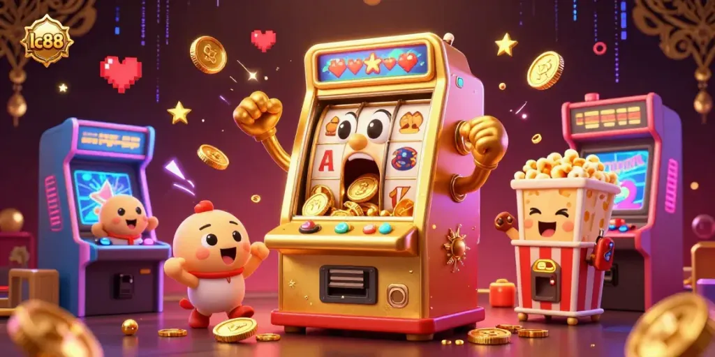 Celebrate winnings at lc88 with a lively scene of a jackpot-winning golden slot machine surrounded by cheering machines.
