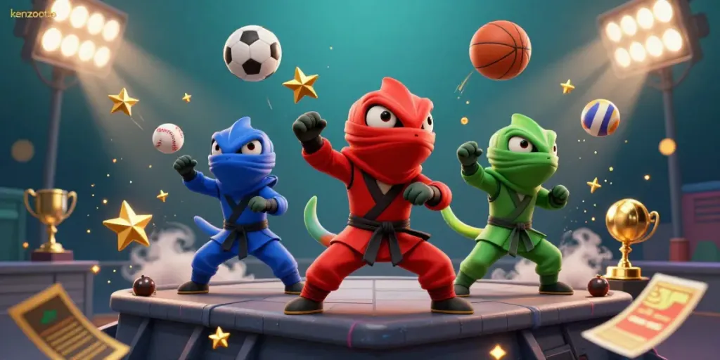 Kenzototo showcases a dynamic scene with ninja chameleons engaged in martial arts amidst vibrant gaming elements.