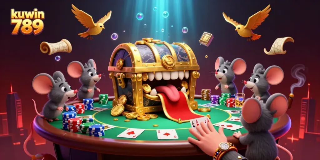 Engage with the vibrant action of kuwin 789 as adventurer mice approach a golden treasure chest amidst a casino scene filled with poker elements.