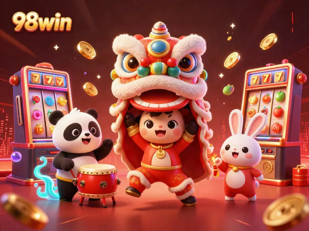 Join the excitement at 98win with a vibrant casino scene featuring animated characters celebrating wins!