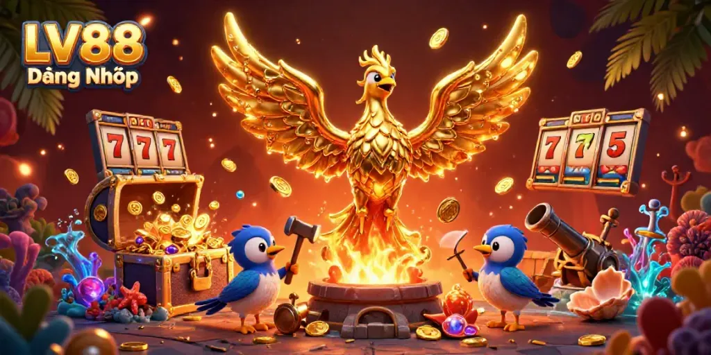 Experience LV88 Đăng Nhập with a golden phoenix and treasure elements in vibrant casino scene.