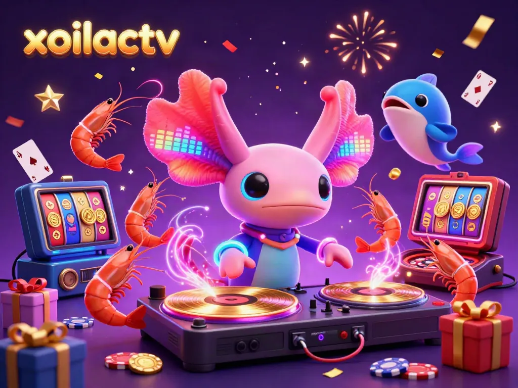 Engage with xoilactv's lively 3D illustration of a neon axolotl DJ and vibrant sea creatures celebrating with casino-style gaming elements.