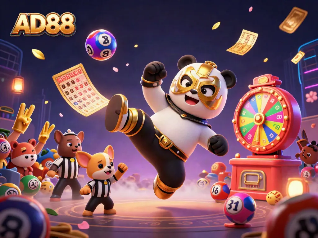 Engaging visual of AD88, showcasing a panda wrestler and chihuahua referee amidst vibrant gambling elements.