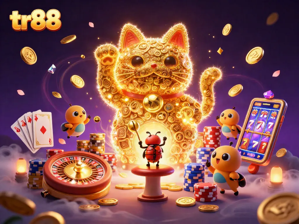 Experience the thrilling world of tr88 with a vibrant lucky cat illuminated by jackpot elements.