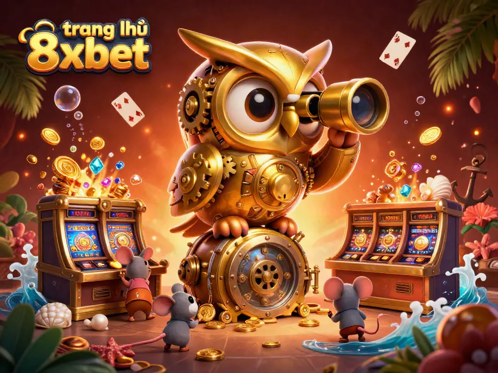 Play exciting games at trang chủ 8xbet with a vibrant, animated casino scene featuring a golden owl and slot machines.