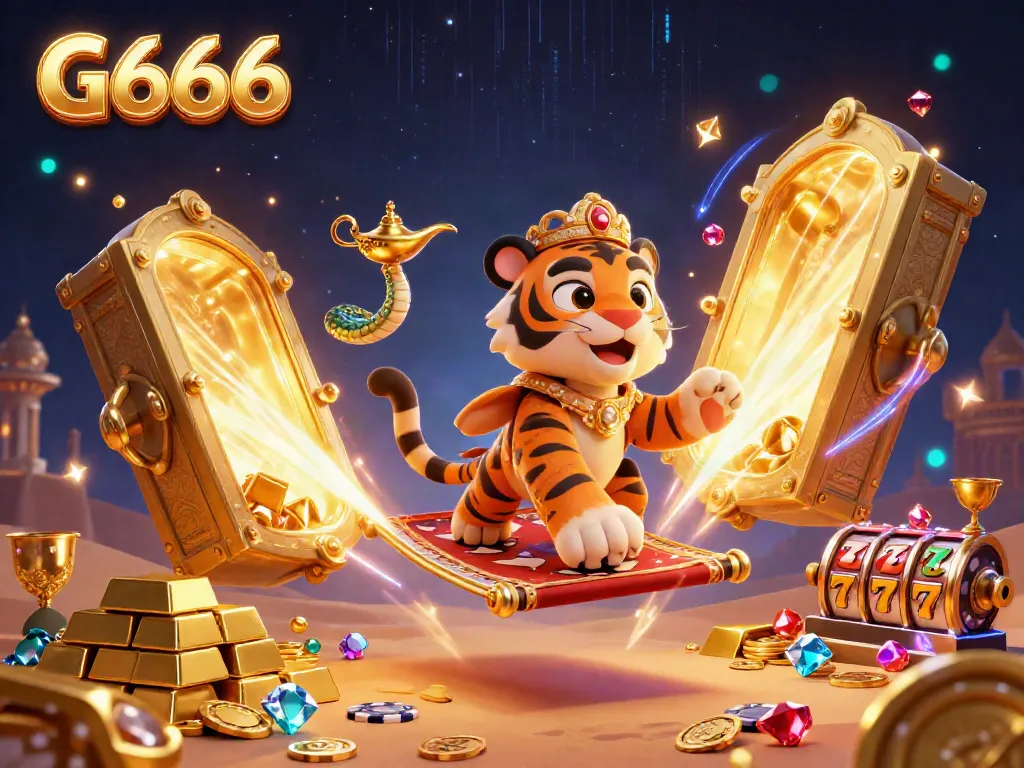 Engage in thrilling gameplay with G666's casino world featuring a tiger sultan, magic lamp, and slot reels.