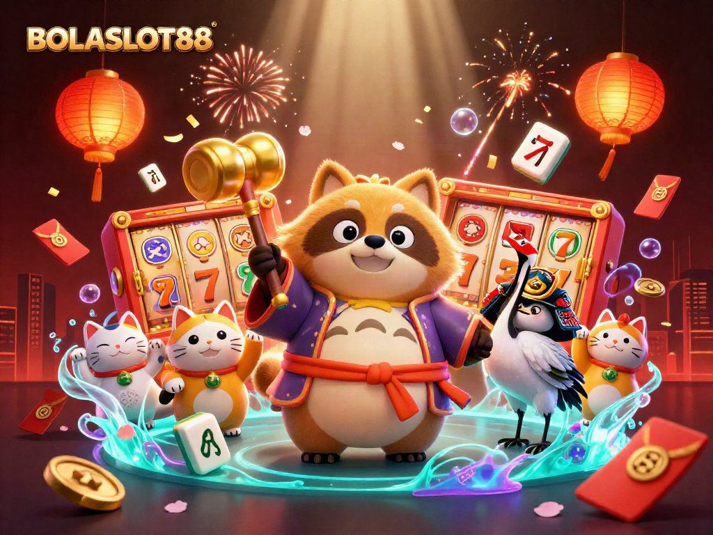 BOLASLOT88 presents a vibrant casino scene with cheerful tanuki and lucky symbols celebrating wins.