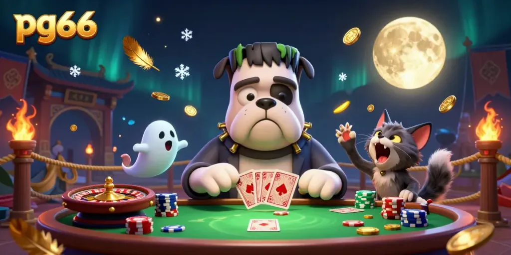 Experience thrilling gaming with pg66 featuring a bulldog dealer, ghostly elements, and exciting colors, embodying the casino spirit.
